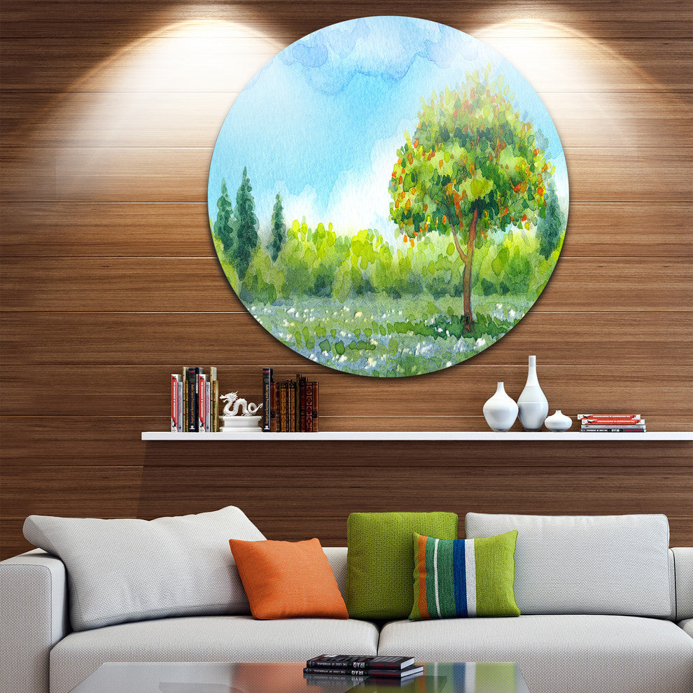 Tree In Spring, Watercolor Painting Landscape Disc Metal Artwork, 23"
