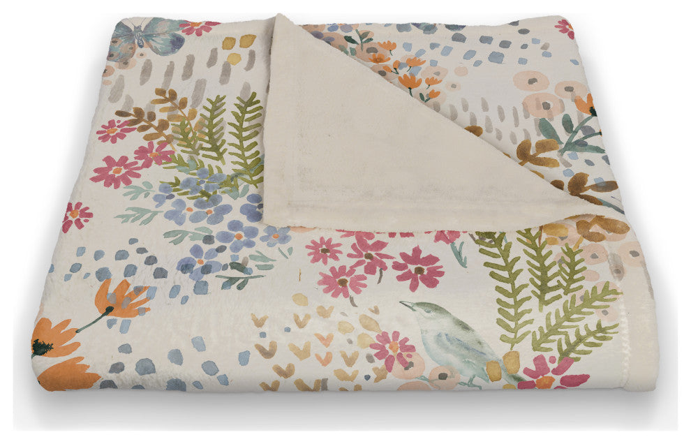 Butterfly Bird Floral on White 50x60 Coral Fleece Blanket