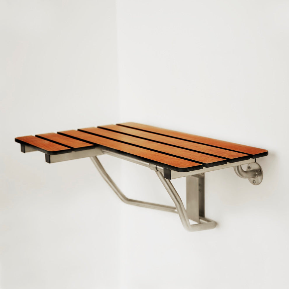 Teak Phenolic Wall-Mount Folding Transfer Bench Shower Seat, Right-Handed, 26"