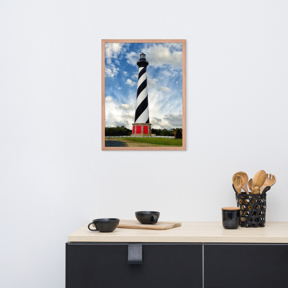 Cape Hatteras Lighthouse Coastal Landscape Framed Photo Paper Wall Art Prints, Red Oak, 18" X 24"