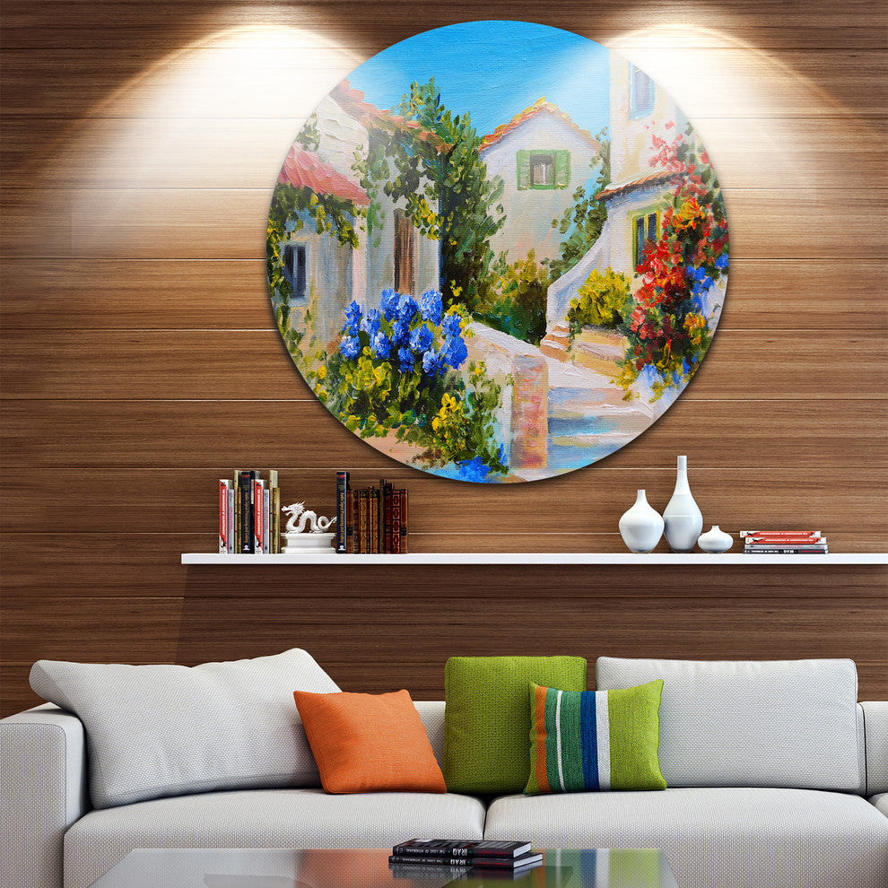 Houses Near Sea, Landscape Disc Metal Artwork, 23"