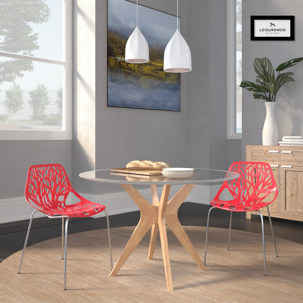 Leisuremod Asbury Plastic Stackable Dining Chair With Chromed Legs, Set of 2, Red