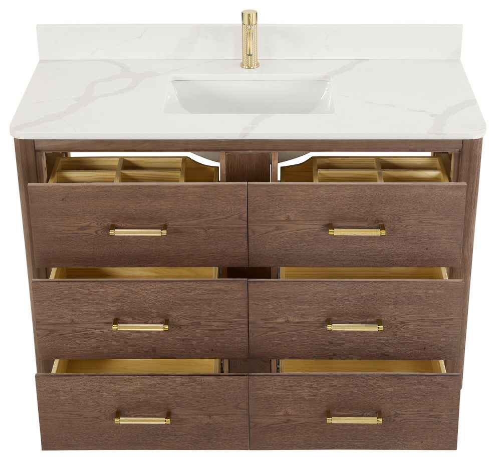 Porto Bath Vanity with White Quartz Stone Top, Dark Brown Oak, 48 in., No Mirror