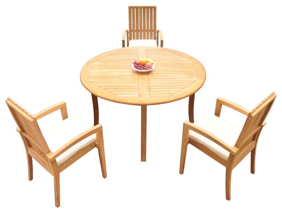 4-Piece Outdoor Teak Dining Set: 52" Round Table, 3 Goa Stacking Arm Chairs