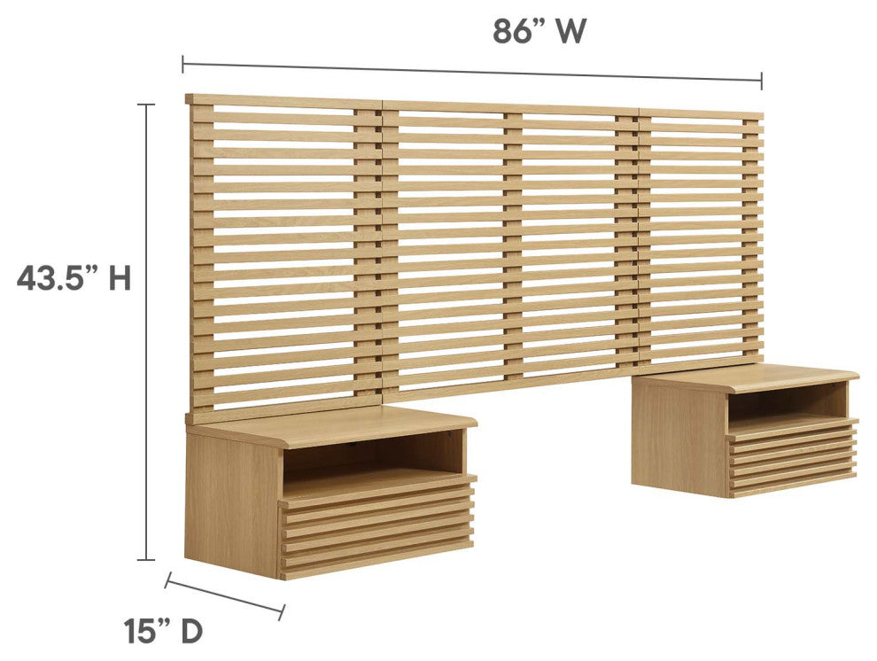 Render Wall Mount Twin Headboard and Modern Nightstands, Oak