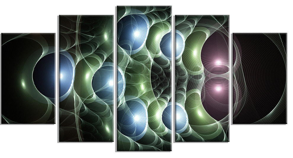 Light Blue 3D Surreal Circles, Contemporary Art on Canvas, 60"x32", 5 Panels