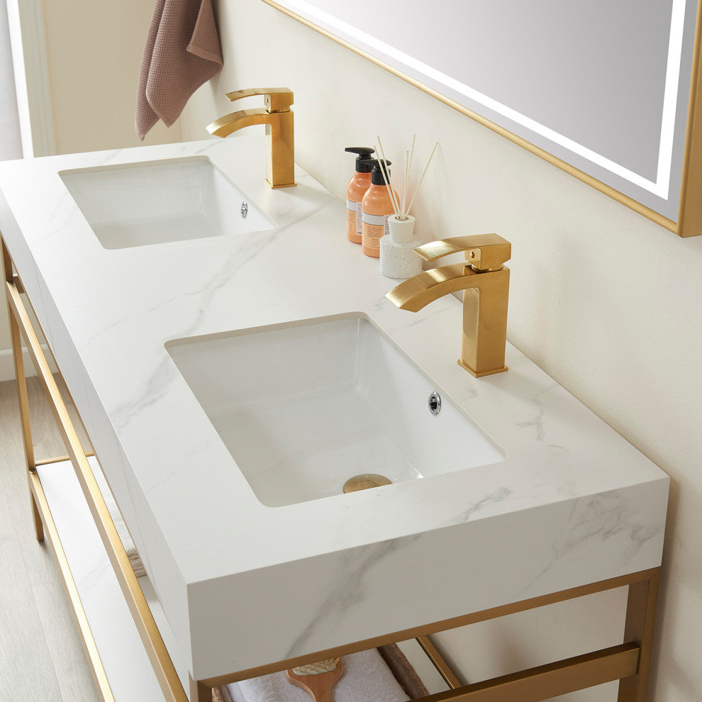 Funes Bath Vanity without Mirror, Brushed Gold Hardware, 60" Double Sink, White Stone Top