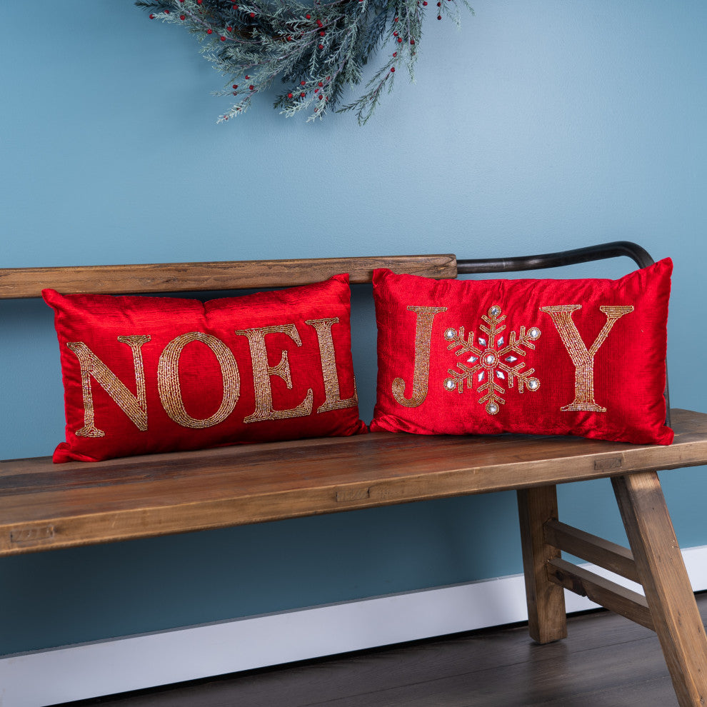 Beaded Joy and Noel Holiday Pillow, Set of 2