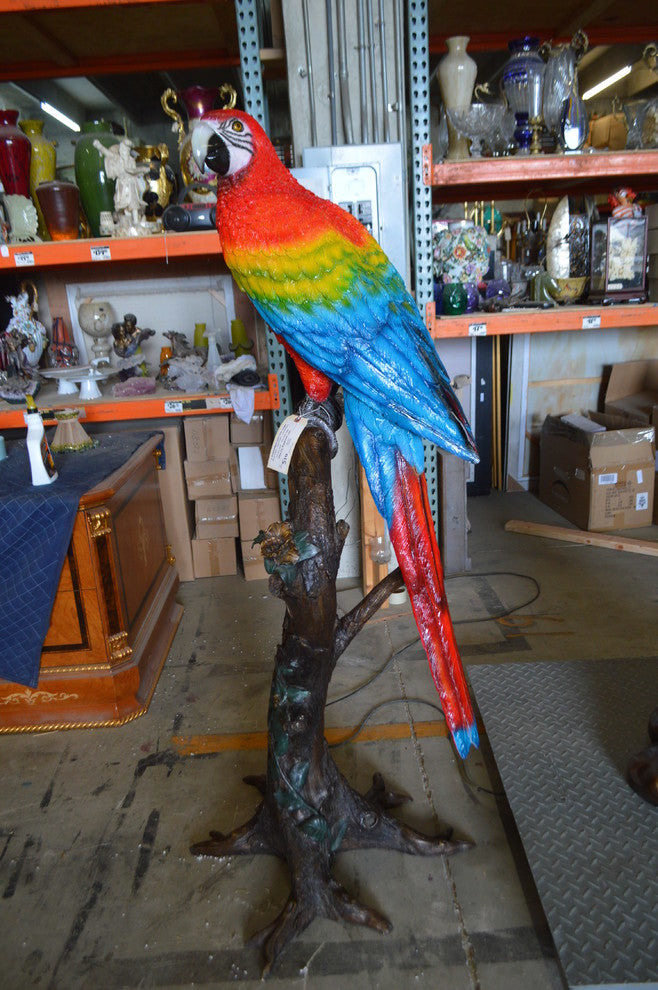 Single Red and Blue Parrot on a tree Bronze Statue -  Size: 30"L x 24"W x 66"H