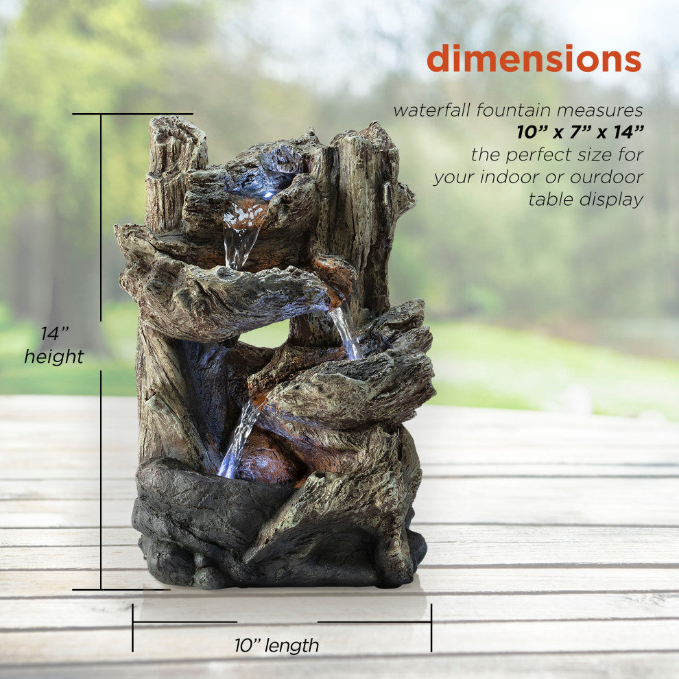 14" Tall Indoor Tiered Log Tabletop Fountain with LED Lights