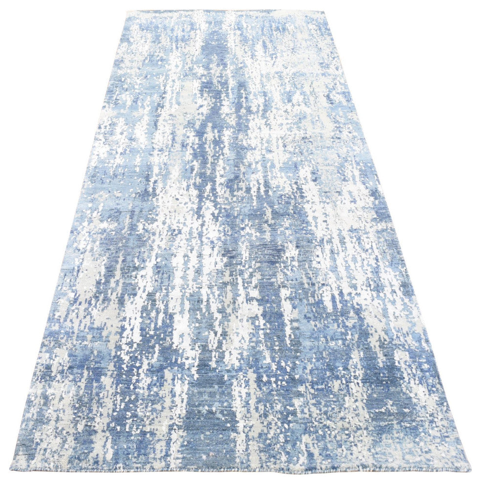 Wool and Real Silk Hand Knotted Blue Abstract Design Runner Rug, 4'1" x 10'2"