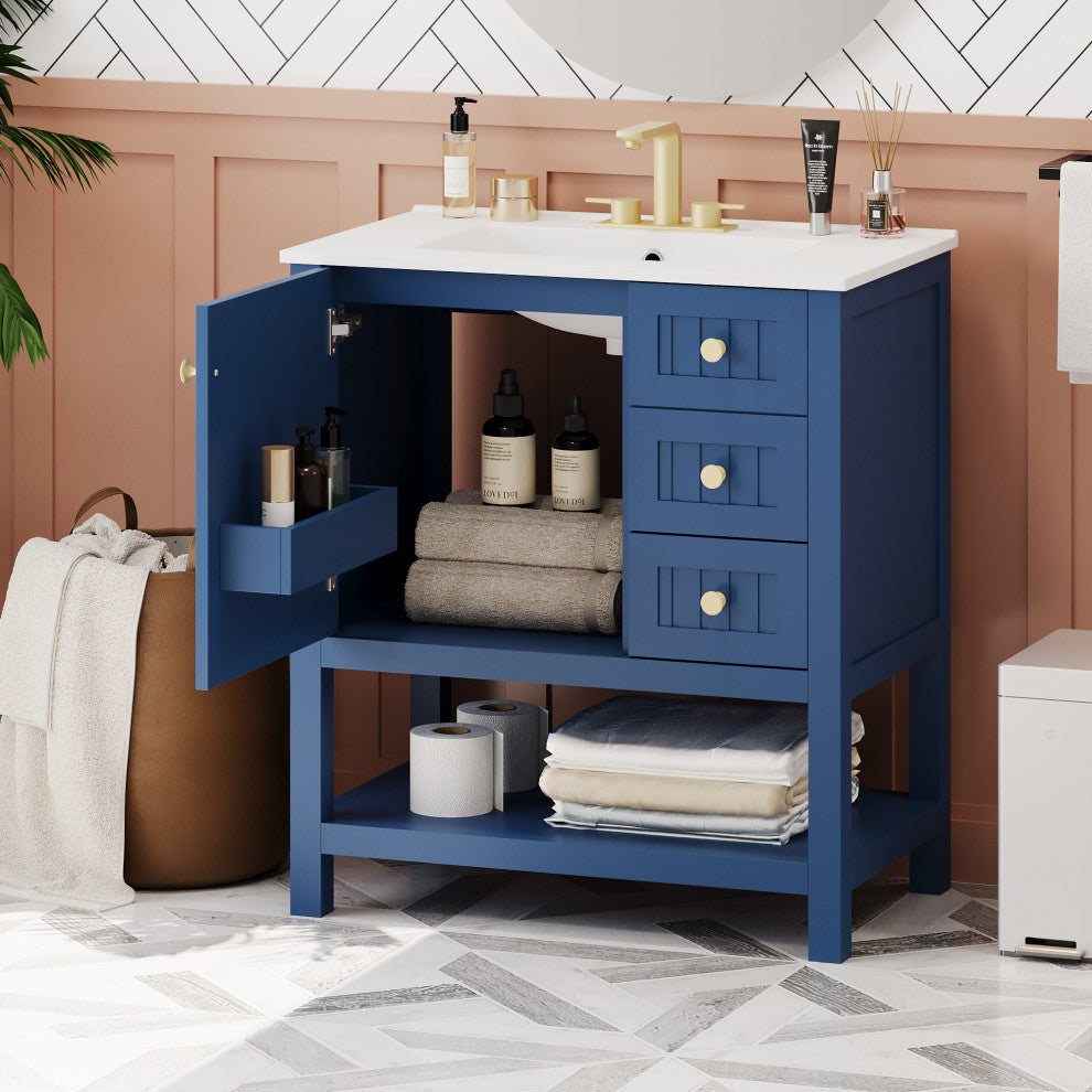 30 Inch Transitional Style Bathroom Vanity Cabinet Combo with Ceramic Sink, Blue