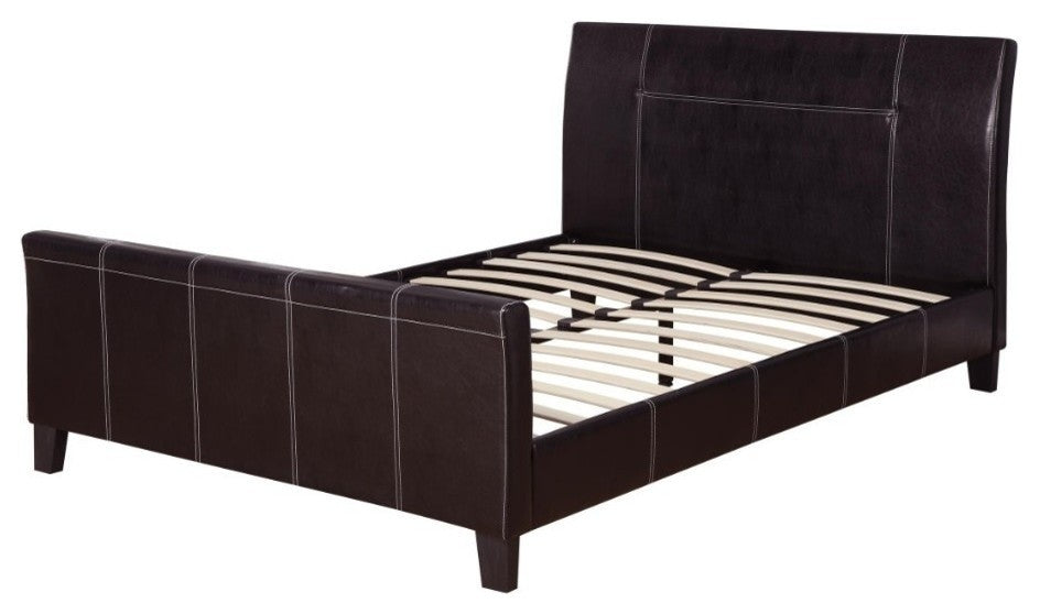 Queen Bed,Espresso Faux Leather With 14 Slats,Brown