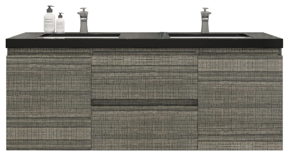 Belli 60" Double Sink Wall Mount Vanity Set, High Gloss Ash Gray, Matt Black Top