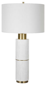 Textured White Faux Wood Column Table Lamp Cylinder Brass Gold MidCentury Modern