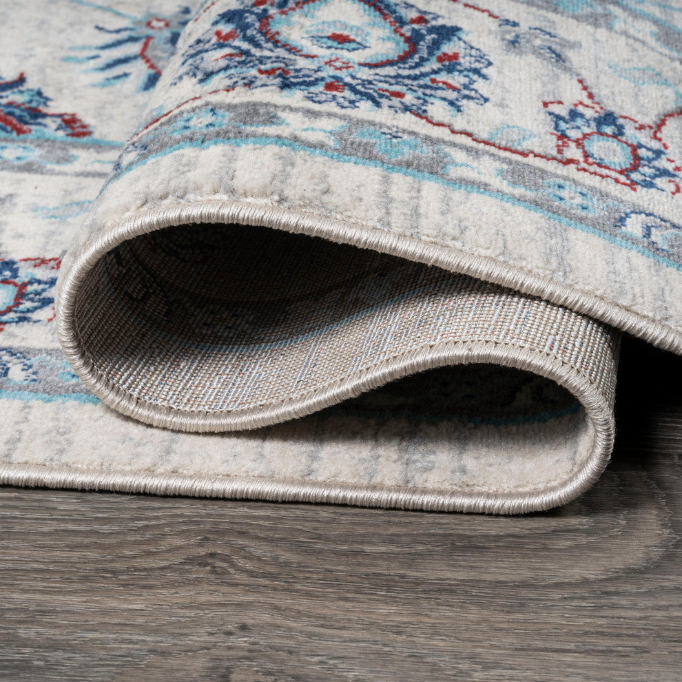 Modern Persian Moroccan Ivory/Blue/Red 5' Round Area Rug