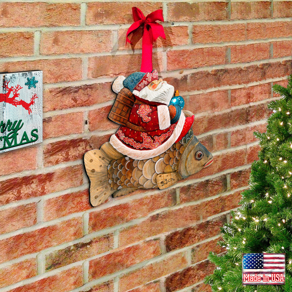 Golden Fish Santa Wooden Door Hanger
