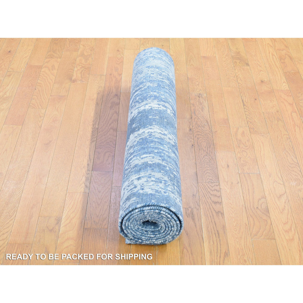 Wool and Real Silk Hand Knotted Blue Abstract Design Runner Rug, 4'1" x 10'2"