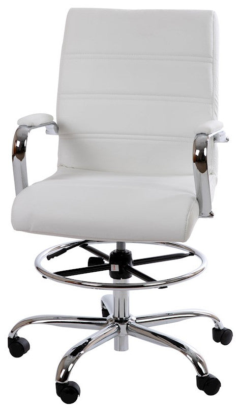 Mid-Back LeatherSoft Drafting Chair, Adjustable Foot Ring, Chrome Base, White