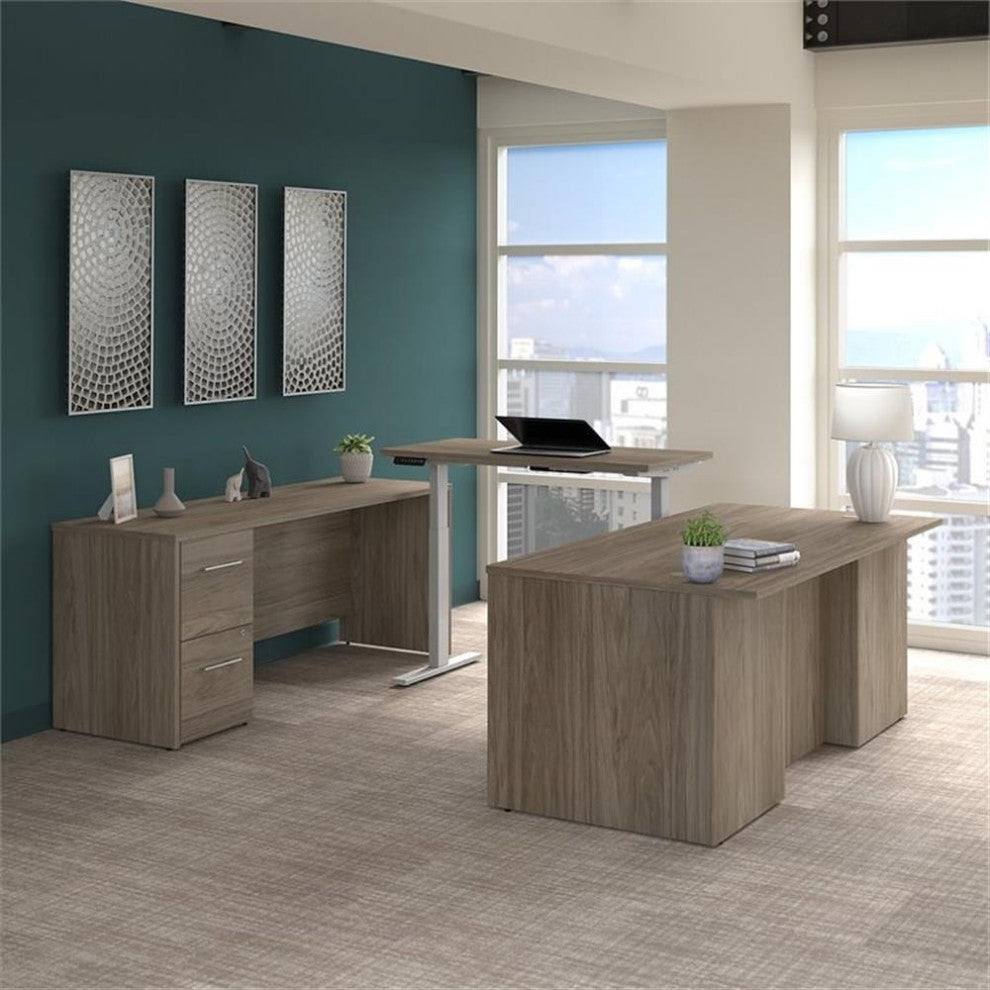 Office 500 Height Adjustable U Shaped Desk in Modern Hickory - Engineered Wood