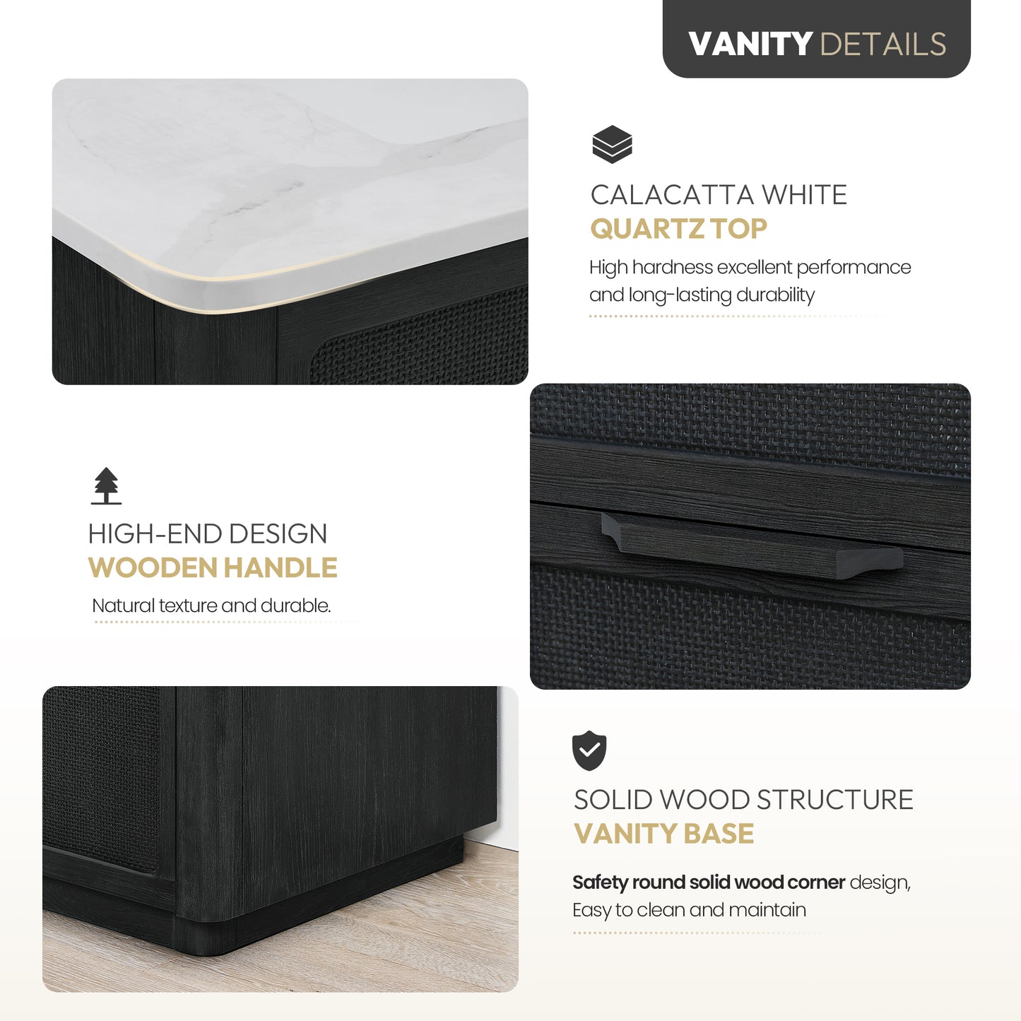 Busan Bath Vanity, Quartz Top No Mirror, Oak Classic Black, 60", Double Vanity