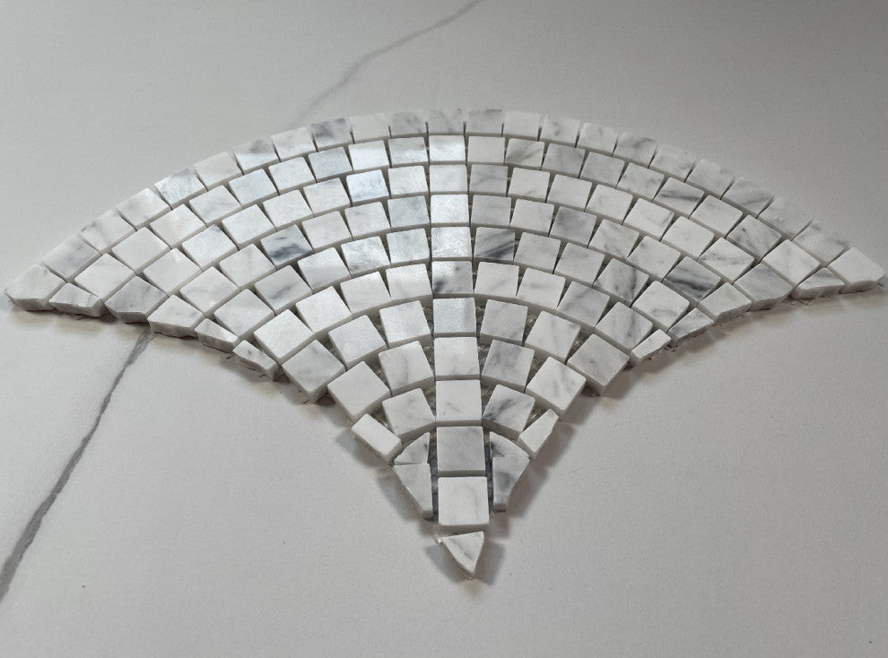 Carrara Marble European Fan Mini Tile Fish Scale Scallop Mosaic Polish, 1 sheet