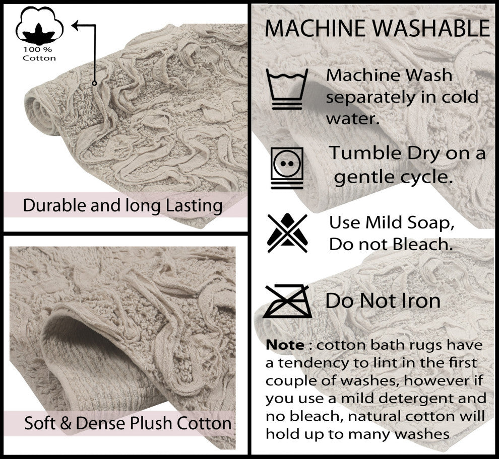 Modesto Collection 100% Cotton Machine Washable Bath Rug, 3-Piece Set, Linen