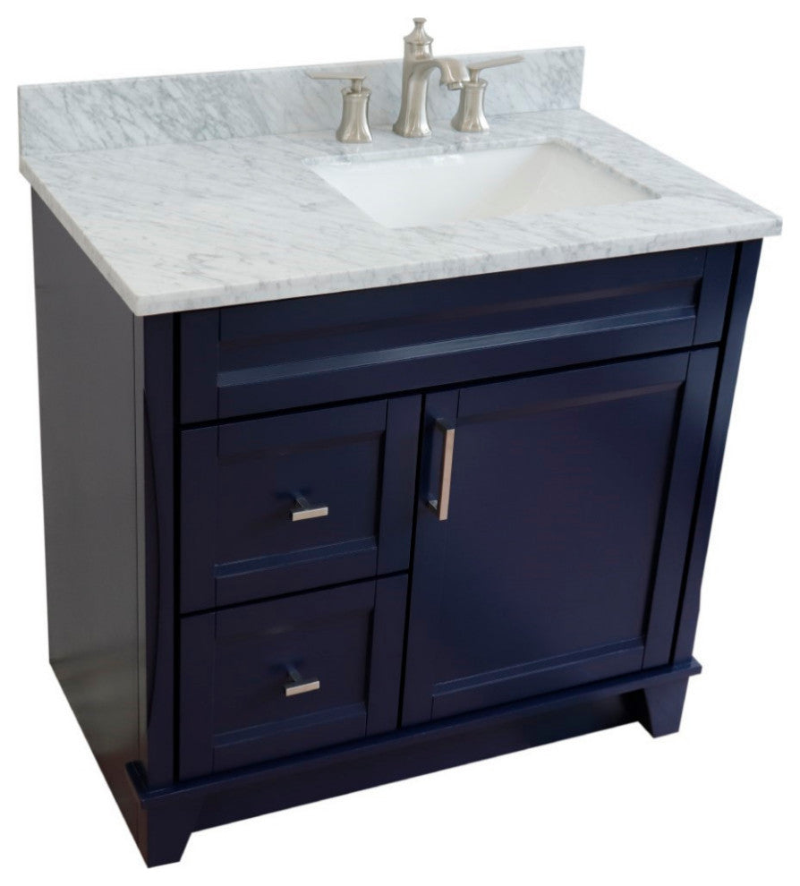 37" Single Sink Vanity, Blue Finish With White Carrara Marble