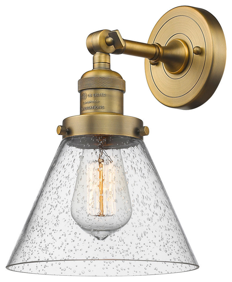 Large Cone 1-Light LED Sconce, Brushed Brass, Glass: Seedy