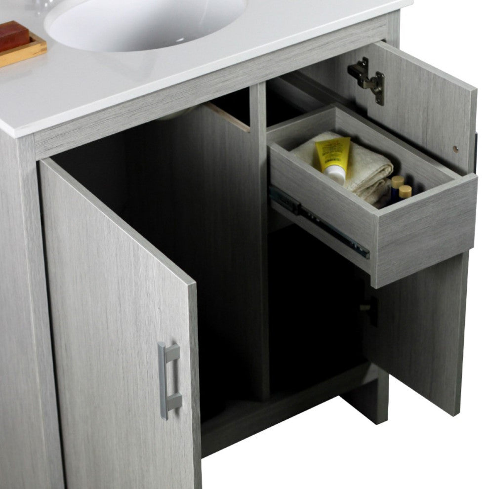 31" Single Vanity, Gray Pine Finish Top With Engineered Stone Top and Oval Sink
