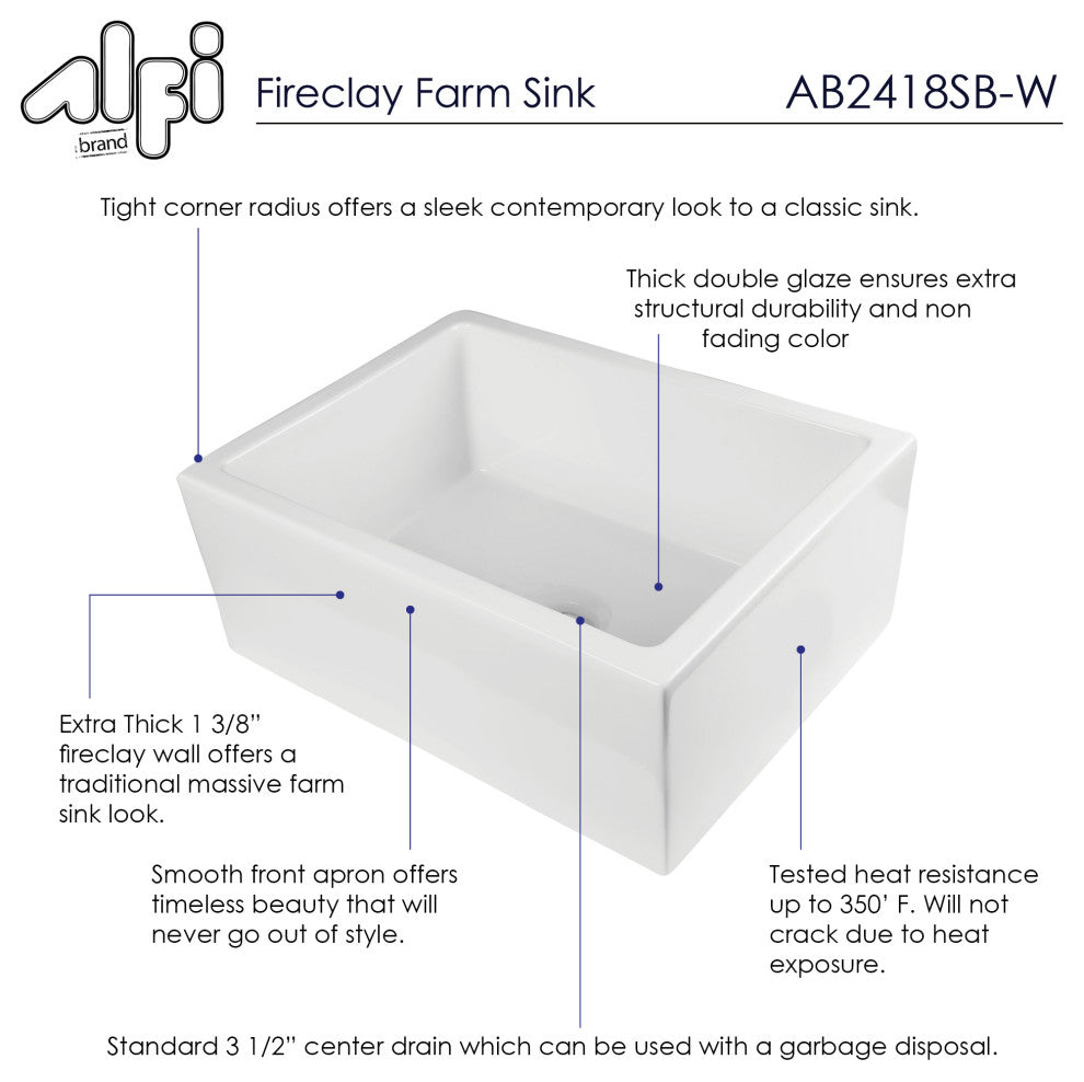 24" White Smooth Thick Wall Fireclay Single Bowl Farm Sink