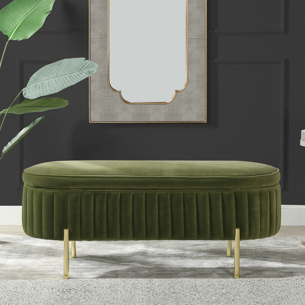 Chloe Modern Glam Storage Bench, Olive Green Performance Velvet