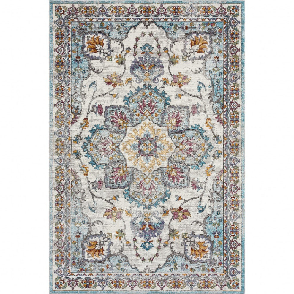 8" x 10" Blue and Ivory Center Medallion Area Rug