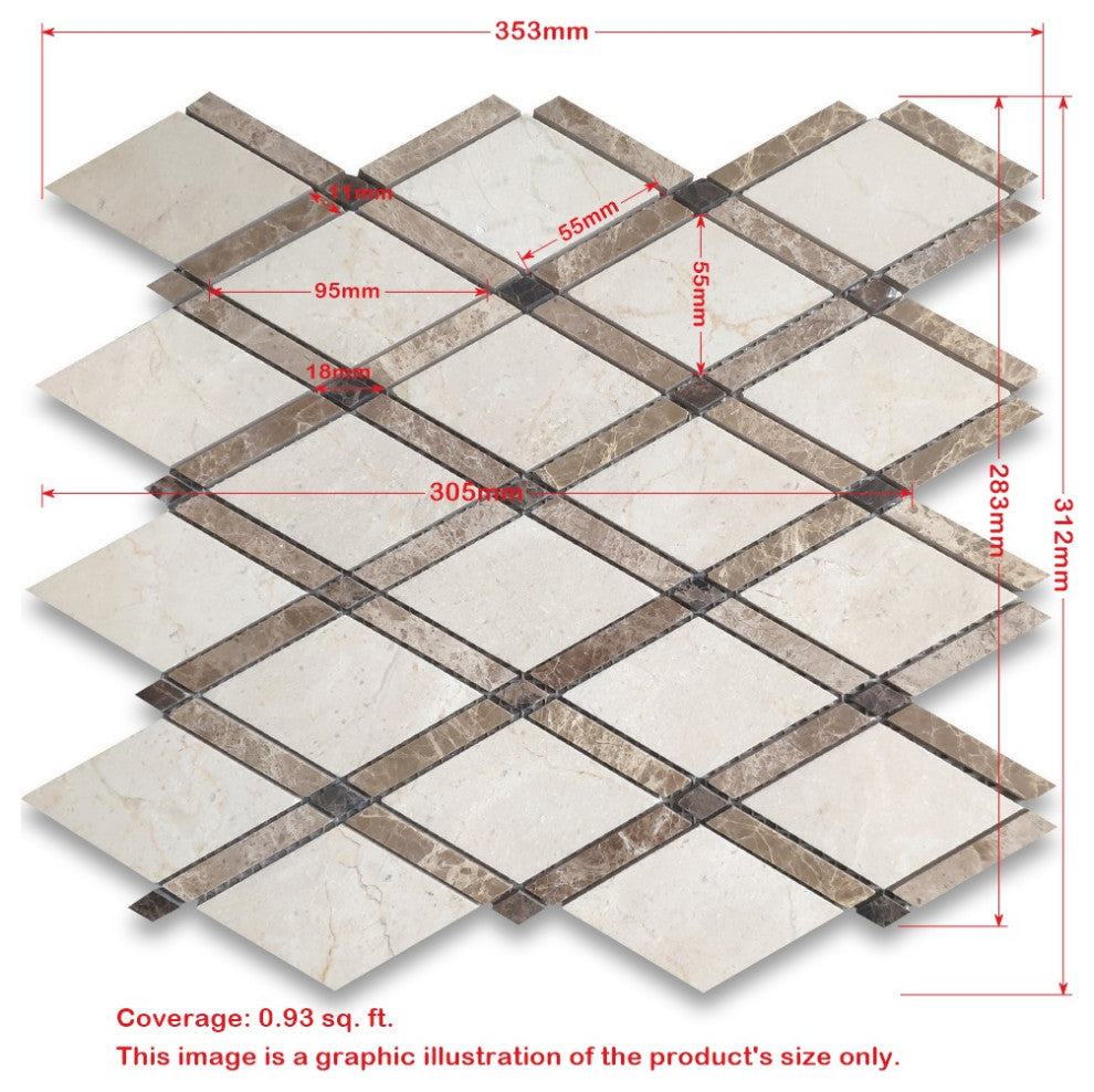 Thassos White Marble Diamond Lattice Mosaic Tile Carrara Black Polishe, 1 sheet