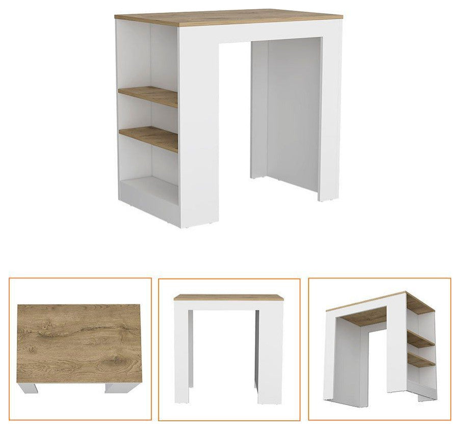 Harlan Kitchen Island With 3 Side Shelves, White/Macadamia