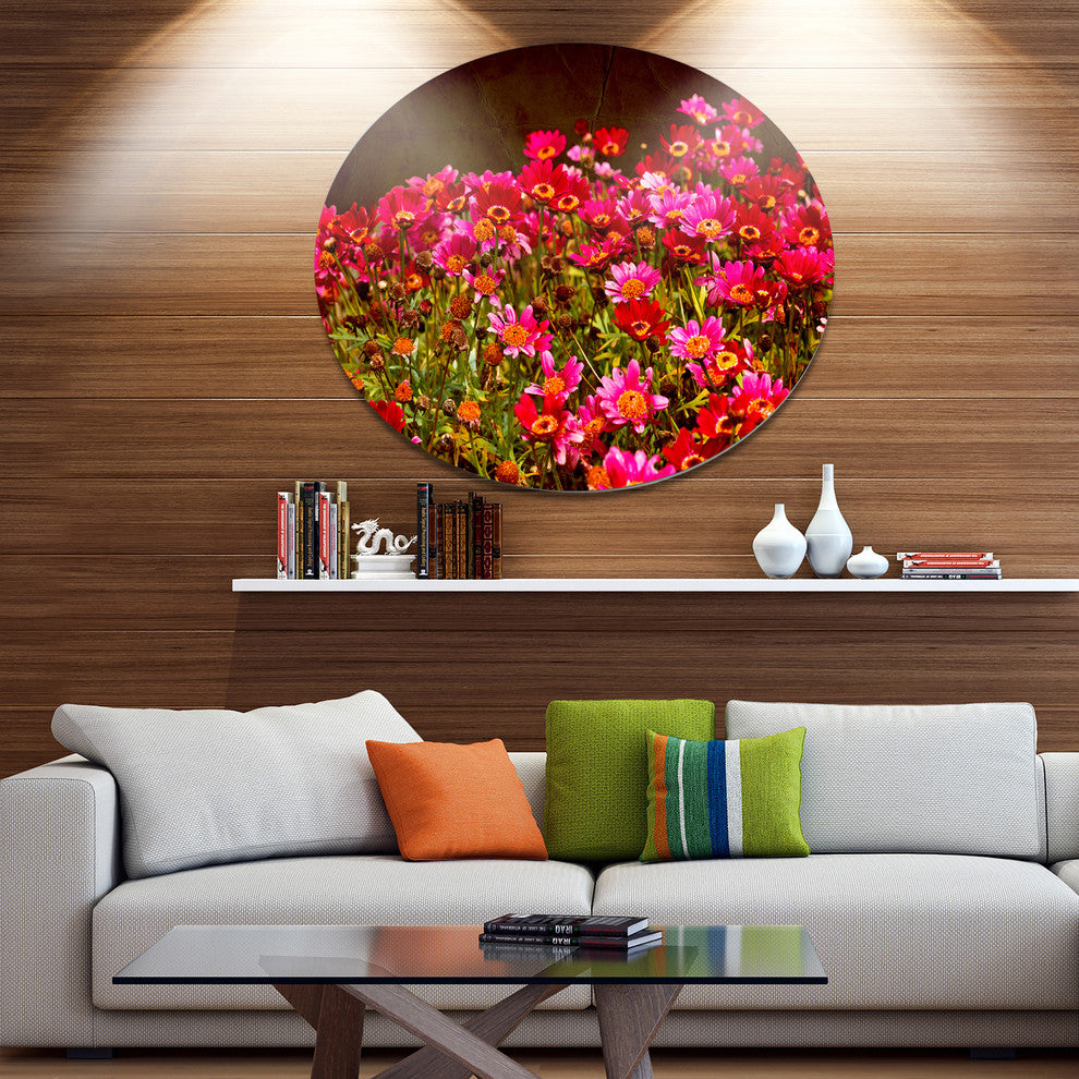 Small Red Flowers In Spring Photo, Floral Large Disc Metal Artwork, 36"