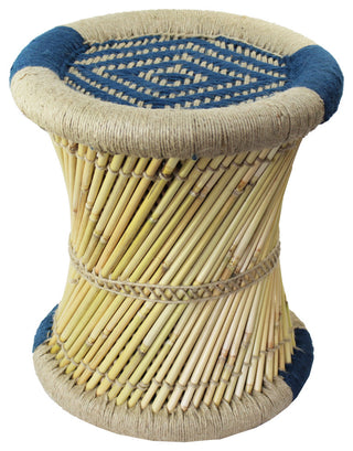 Natural Geo Moray Decorative Handwoven Jute Accent Stool, Blue Diamond