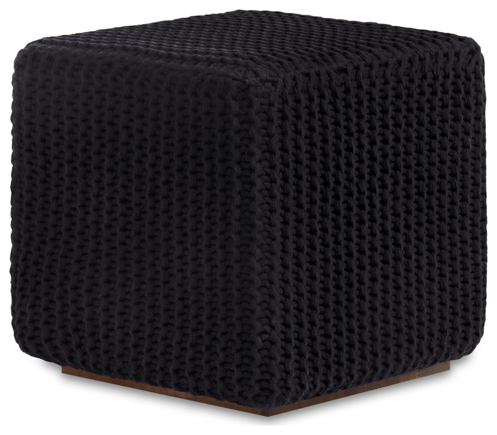 Loft Lyfe Roxy Ottoman, Hand Knitted, Wooden Tray, Cotton Yarn, Black