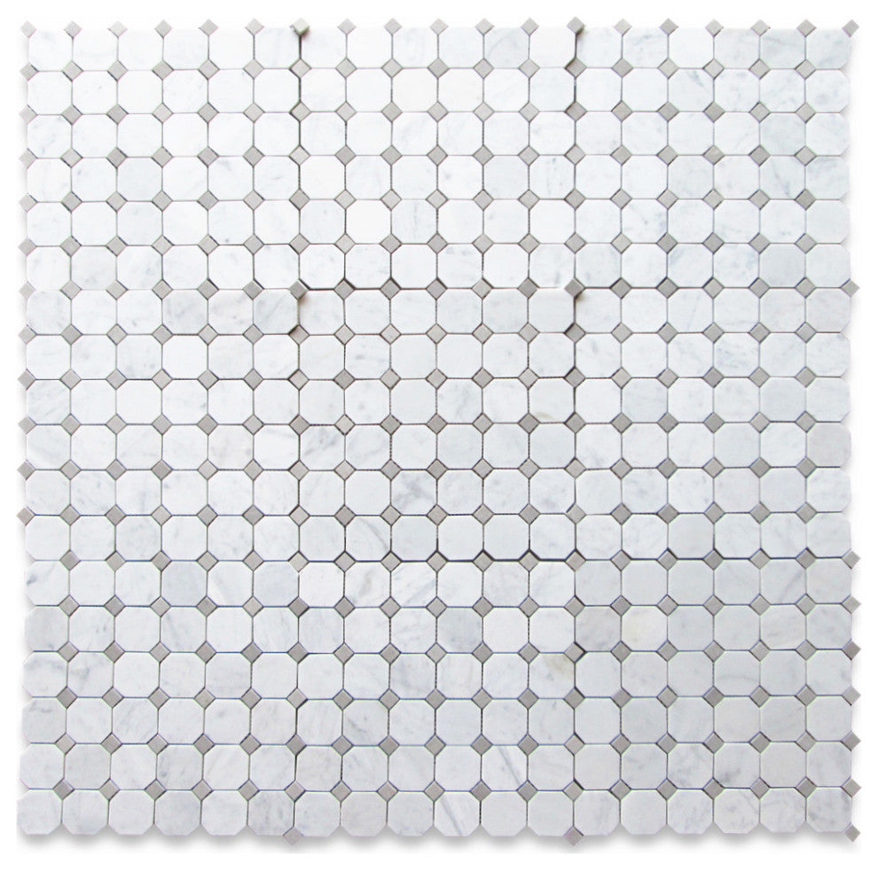 Octagon Mosaic Carrara Marble White Bianco Tile Gray Dots Honed 2", 1 sheet