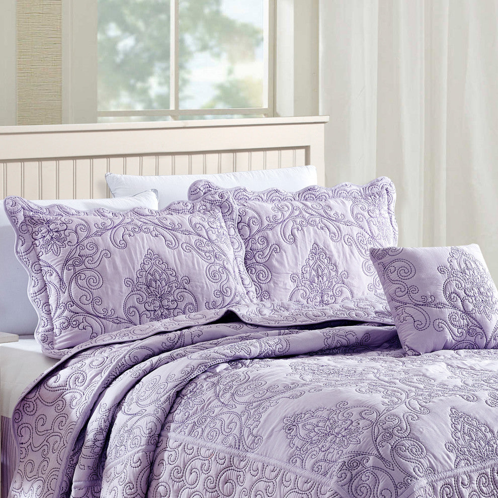 Damask Embroidered Quilted 4 Piece Bed Spread Sets, Lavender, Queen