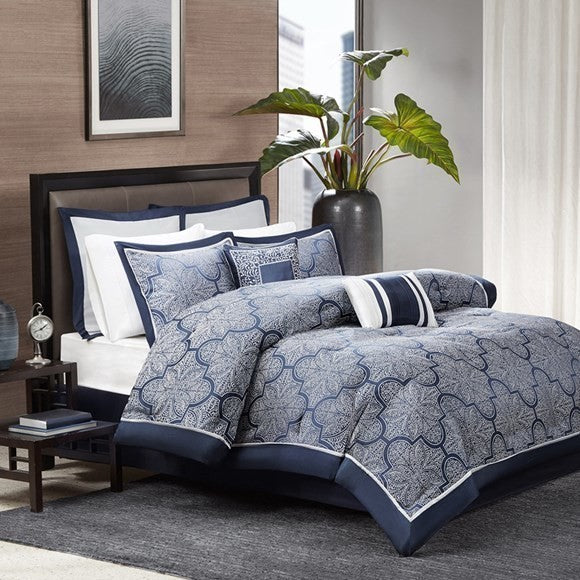 Madison Park Medina 8 Piece Jacquard Comforter Set in Navy