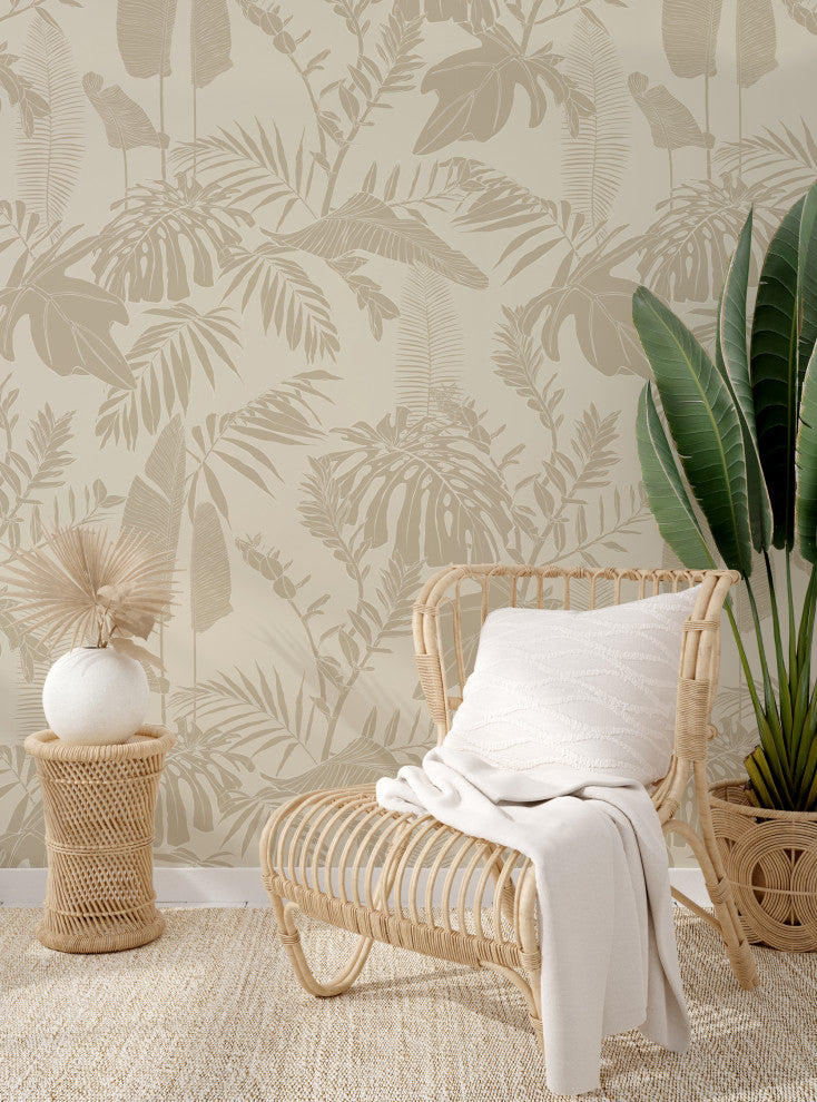 Hand Drawn Jungle Leaves Vinyl Peel and Stick Mural, Beige, 24"x108", Single