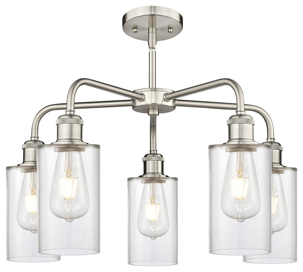 Clymer 5-Light 22" Stem Chandelier, Satin Nickel, Clear Shade