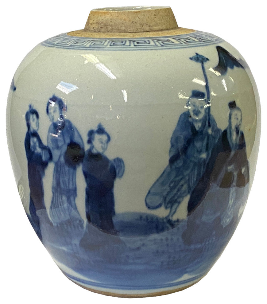 Oriental Handpainted People Small Blue White Porcelain Ginger Jar Hws2330