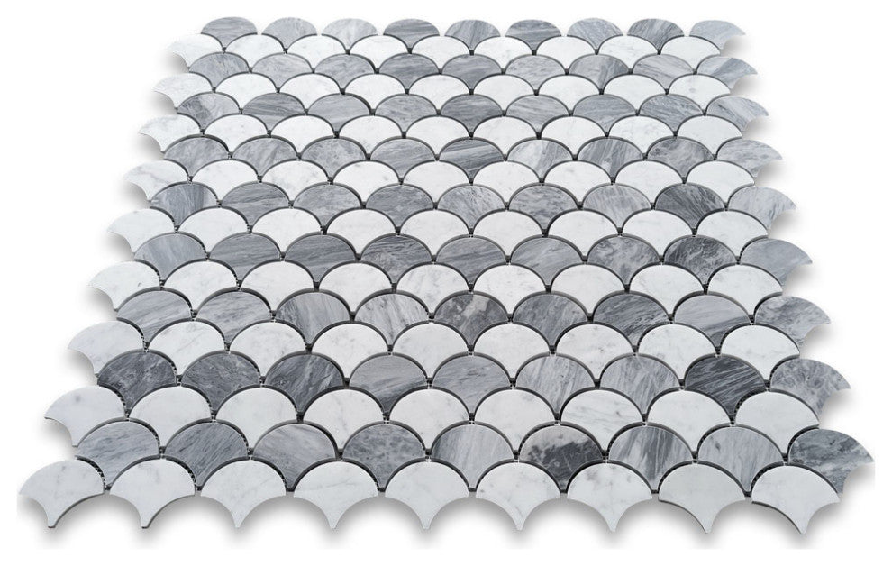 Carrara White Bardiglio Gray Marble Fish Scale Fan Shape Mosaic Tile, 1 sheet