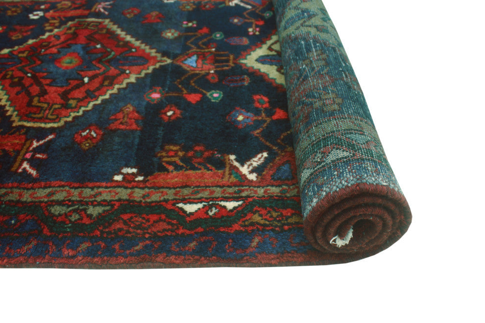 Fine Vintage Distressed Leandro Navy/Burgundy Runner, 3'4x10'2