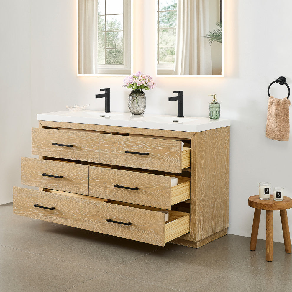 Sigrid Bathroom Vanity, White Oak, 60", No Mirror