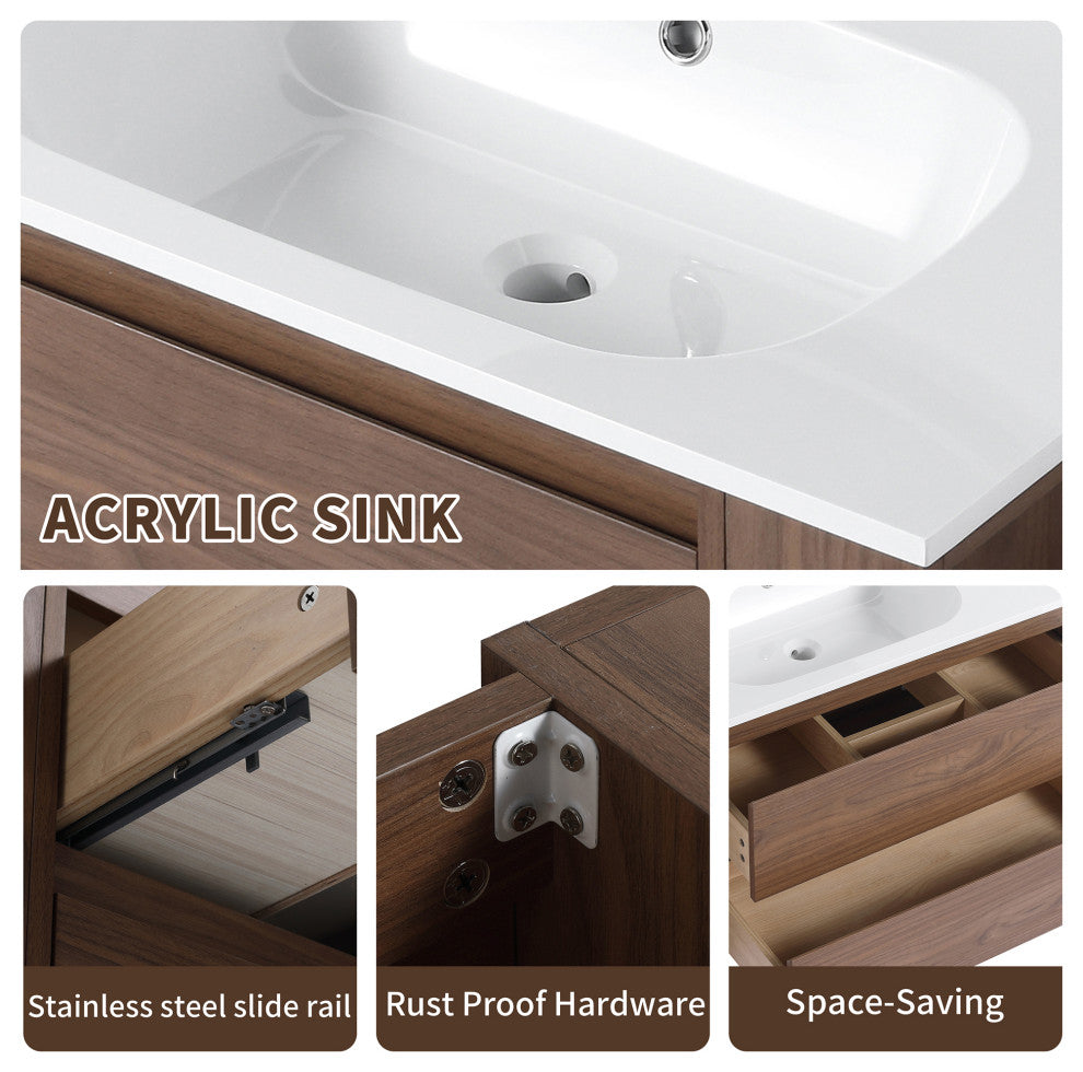 36" Plywood Wall Mounting Bath Vanity Set, Brown Oak, Gel Sink