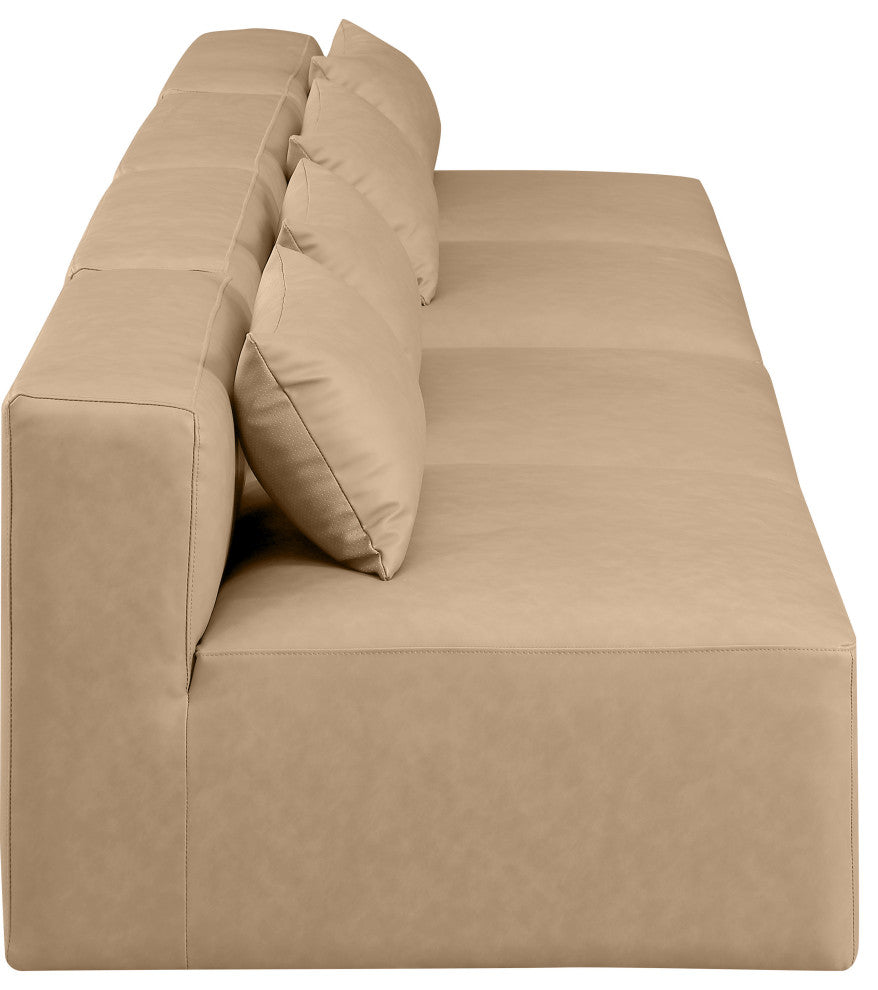 Cube Upholstered Modular Sofa, Tan, 4-Piece: 4 Armless Chair, Vegan Leather
