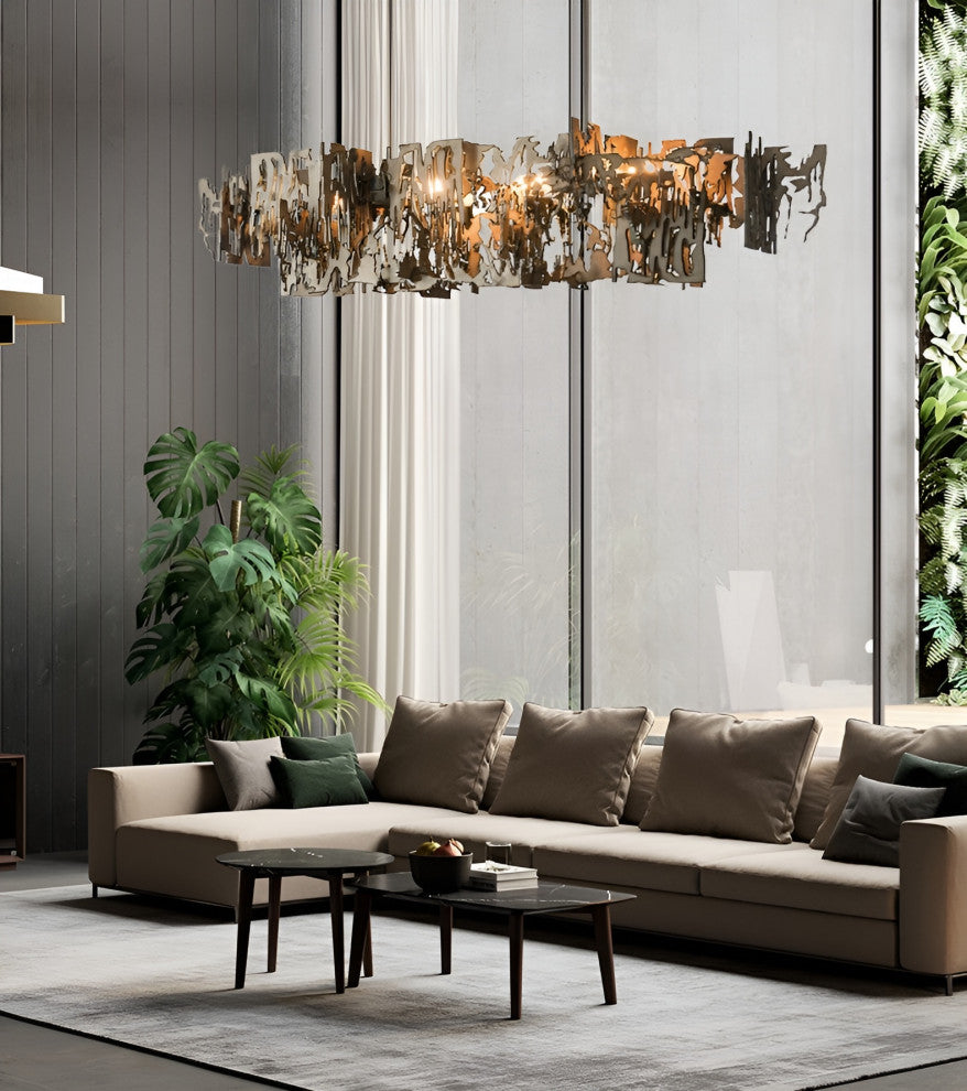 Acquanegra Cremonese | Postmodern Grey/Gold Metal Art Rectangle Chandelier, Golden, L47.2", Warm Light, Dimmable